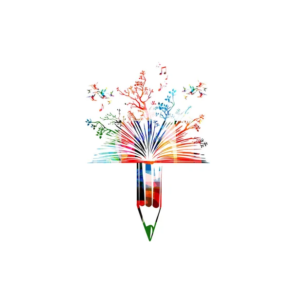 Illustration Colorée Crayon Livre Avec Branches Arbres Ecriture Créative Concept — Image vectorielle