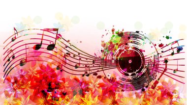 Renkli Plak CD 'si, müzik notaları, konser etkinlikleri, müzik festivalleri ve gösteriler için kelebekler, parti ilanları, davetiyeler. Kulüp parti vektör illüstrasyonu için müzikal poster