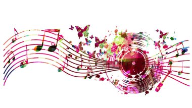 Renkli Plak CD 'si, müzik notaları, konser etkinlikleri, müzik festivalleri ve gösteriler için kelebekler, parti ilanları, davetiyeler. Kulüp parti vektör illüstrasyonu için müzikal poster