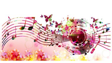 Renkli plak CD 'si, müzik notaları, konser etkinlikleri, müzik festivalleri ve gösteriler için kelebekler, parti ilanları, davetiyeler. Kulüp parti vektör illüstrasyonu için müzikal poster