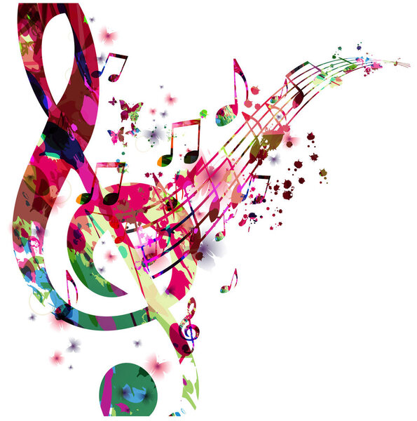 Красочный музыкальный рекламный плакат с музыкальными нотами, персоналом и векторной иллюстрацией G-clef. Художественный и игривый фон для живых концертов, музыкальных фестивалей и шоу, вечеринок