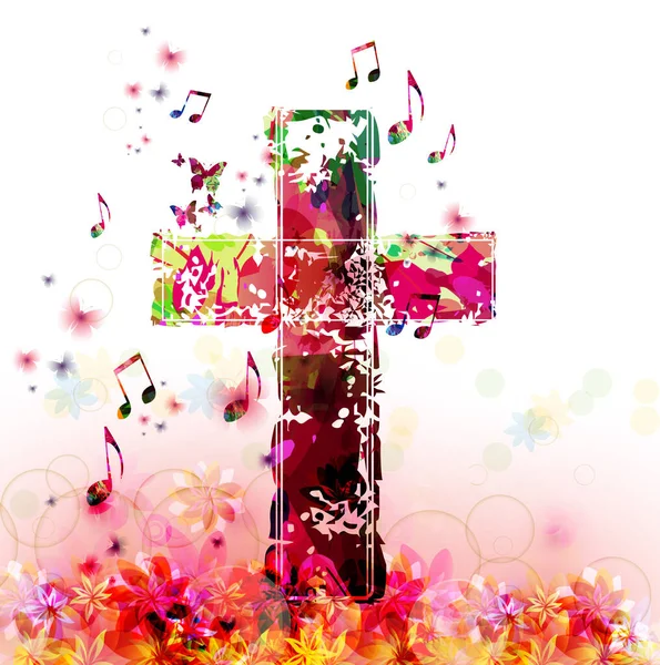Croce Cristiana Con Note Musicali Stave Isolato Illustrazione Vettoriale Religione — Vettoriale Stock