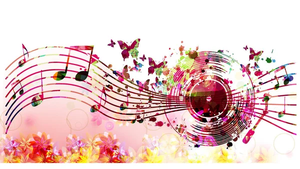 Renkli plak CD 'si, müzik notaları, konser etkinlikleri, müzik festivalleri ve gösteriler için kelebekler, parti ilanları, davetiyeler. Kulüp parti vektör illüstrasyonu için müzikal poster