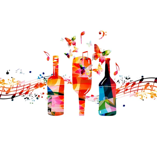 Kleurrijke Glazen Flessen Met Muzikale Noten Vector Illustratie Feestflyer Wijnproeverij — Stockvector
