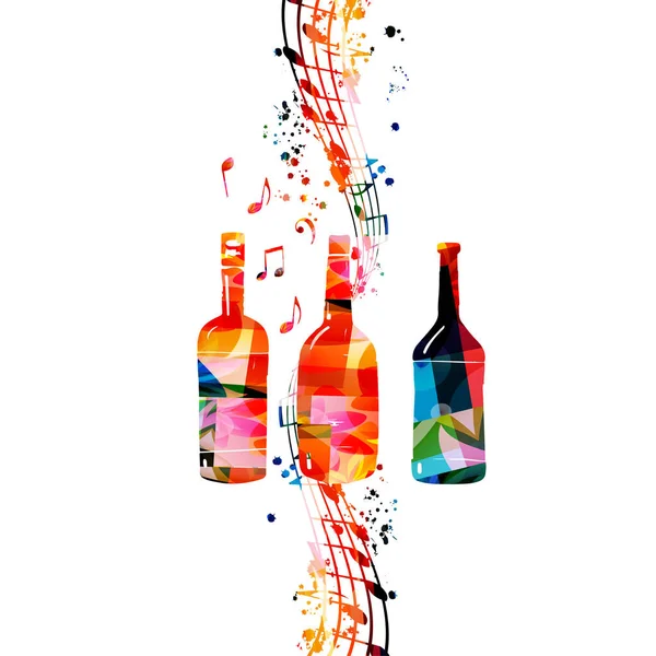 Kleurrijke Glazen Flessen Met Muzikale Noten Vector Illustratie Feestflyer Wijnproeverij — Stockvector
