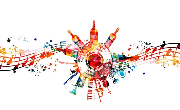 Music Promotional Poster Musical Instruments Notes Bottles Isolated Vector Illustration — ストックベクタ