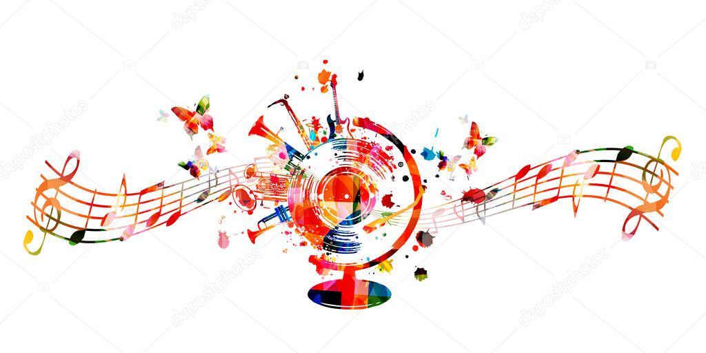 Music promotional poster with musical instruments, notes and butterflies isolated vector illustration. Colorful design with vinyl disc for concert events, music festivals and shows, party flyer