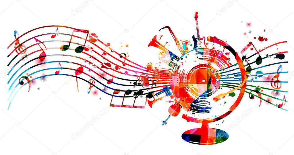 Music promotional poster with musical instruments, notes and bottles isolated vector illustration. Colorful design with vinyl disc for concert events, music festivals and shows, party flyer