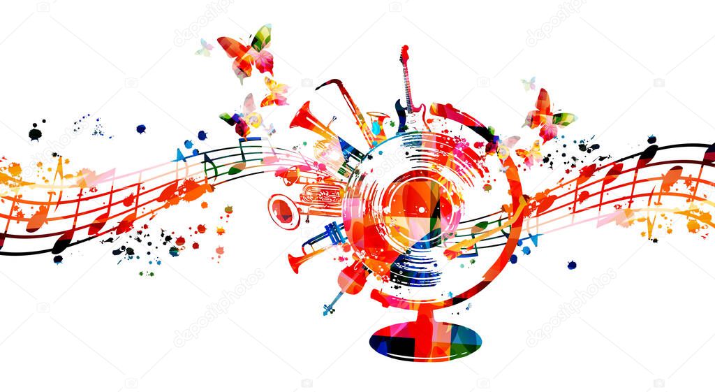 Music promotional poster with musical instruments, notes and butterflies isolated vector illustration. Colorful design with vinyl disc for concert events, music festivals and shows, party flyer