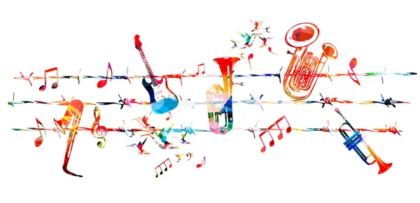 Music Promotional Poster Musical Instruments Notes Isolated Vector Illustration Colorful — Vettoriale Stock