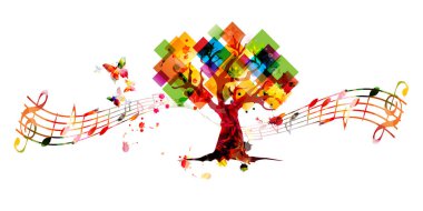 Müzik notaları ve beyaz arkaplanda izole edilmiş ağaç içeren renkli davetiye kartı