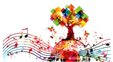 Müzik notaları ve beyaz arkaplanda izole edilmiş ağaç içeren renkli davetiye kartı