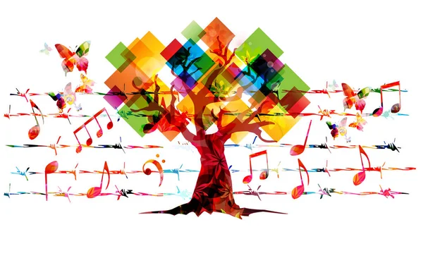 Uroczysta Kolorowa Kartka Nutami Muzycznymi Drzewem Wyizolowanym Białym Tle — Wektor stockowy