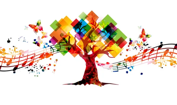 音楽ノートと白い背景に隔離された木とお祭りのカラフルな招待状カード — ストックベクタ