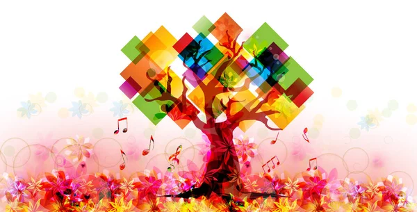 Барвиста Листівка Заходу Музичними Нотами Деревом Квітами Землі — стоковий вектор