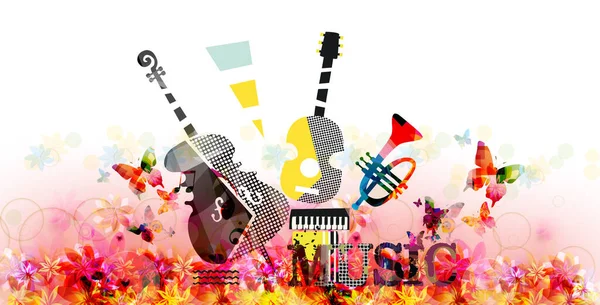 Carte Lumineuse Pour Événement Musical Avec Papillons Fleurs Divers Instruments — Image vectorielle