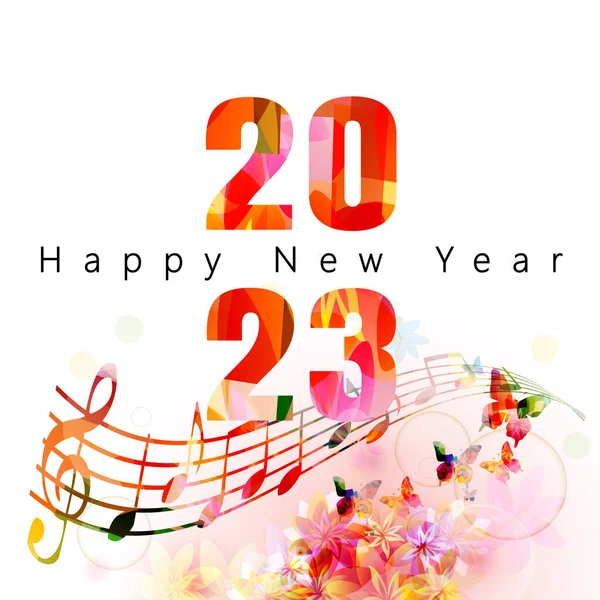 Feliz Nuevo 2023 Año Tarjeta Colorida Con Notas Musicales — Vector de stock