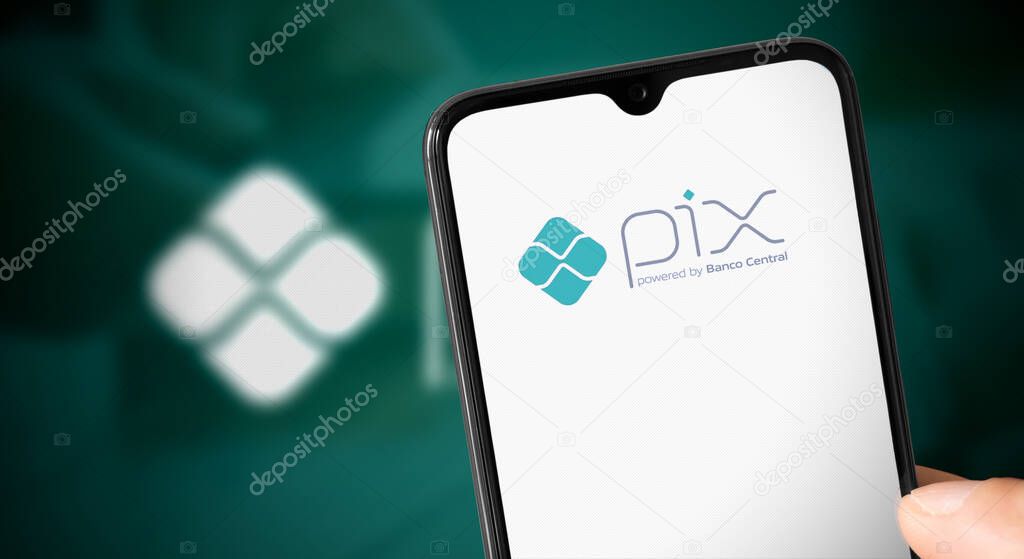 Pix app logo at smartphone screen. 6 Sep, 2021, Sao Paulo, Brazil.