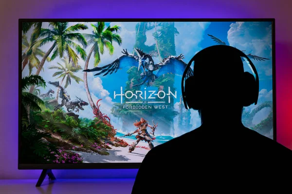 Homme Jouant Horizon Ouest Interdit Avec Casque Nov 2021 Sao — Photo