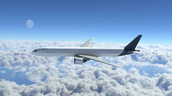 Kereskedelmi Gép Repül Felhők Felett Holdfényben Kép Gyors Utazás Közlekedés — Stock Fotó
