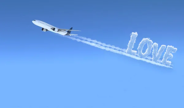 Avión Comercial Volando Con Amor Escritura Humo Ilustración — Foto de Stock