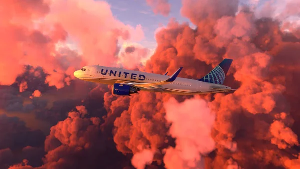 Airbus A320 United Airlines Flying Heavy Clouds Sunset Jan 2022 —  Fotos de Stock