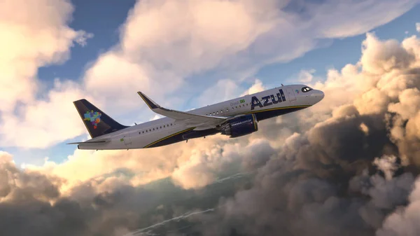 Comercial Airbus A320 Neo Azul Airlines Volando Sobre Brasil Sky — Foto de Stock