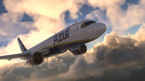 Comercial Airbus A320 Neo Azul Airlines Volando Sobre Brasil Sky — Foto de Stock