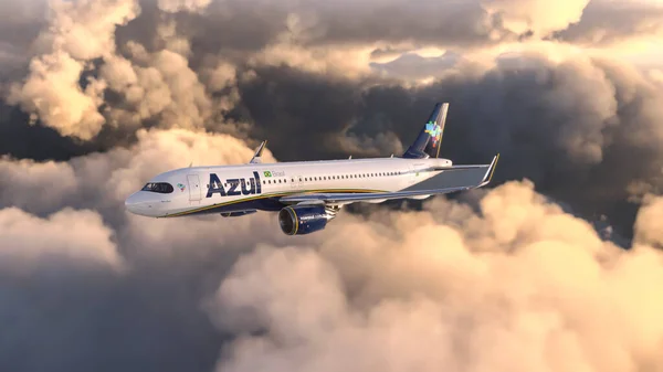 Comercial Airbus A320 Neo Azul Airlines Voando Céu Brasil Mar — Fotografia de Stock
