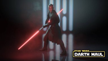 Darth Maul with Star Wars logo and name 3D illustration,  31 Aug, 2021, Sao Paulo, Brazil clipart