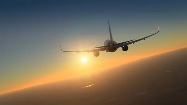 Aviones Comerciales Volando Sobre Increíble Puesta Sol Limpia —  Fotos de Stock