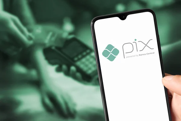 Pix Logo Smartphone Screen Pix New Instant Payment System Central — Stock Fotó