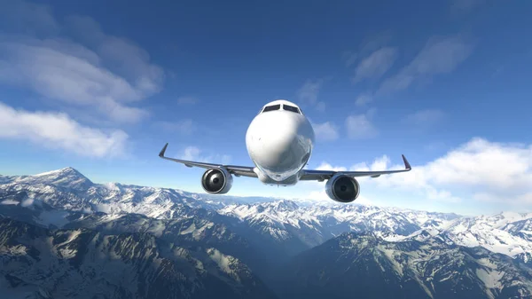 Kényelmes Repülőgép Repül Havas Hegyek Felett — Stock Fotó