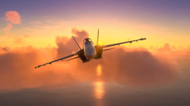 Militar aircraft flying over the amazing sunset. clipart