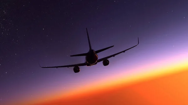 商务飞机在令人惊奇的日落上空飞行 — 图库照片