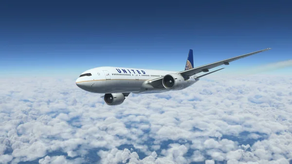 Boeing 777 200Er United Airlines Survolant Les Nuages Juin 2022 — Photo