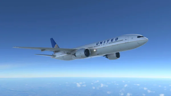 Boeing 777 200Er United Airlines Repülő Kék Felett Jún 2022 — Stock Fotó
