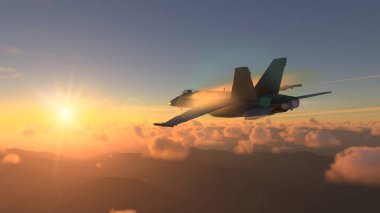 Militar aircraft flying over the clouds in amazing sunset clipart