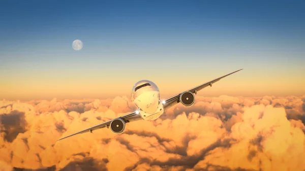 Commercial airplane flying over the clouds with moon on background