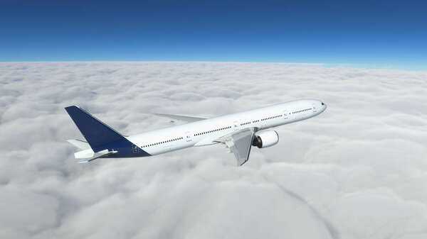 Commercial aircraft flying over the clouds 3D illustration.