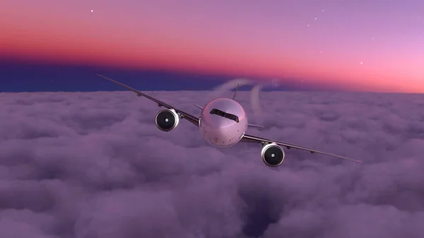 Kereskedelmi Repülőgép Repül Felhők Felett Csodálatos Naplemente Illusztráció — Stock Fotó