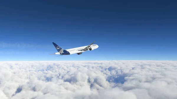 Boeing 777 Lufthansa flying over the clouds 3D Illustration, 22 jun 2022, Sao Paulo, Brazil.