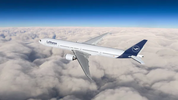 Boeing 777 Lufthansa Volando Sobre Las Nubes Illustration Jun 2022 — Foto de Stock