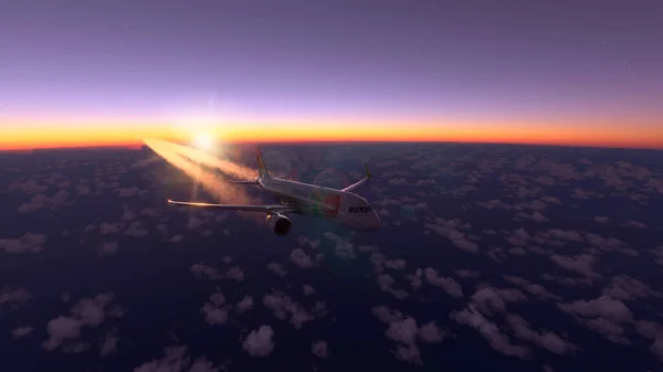 空中客车A320葡萄牙航空公司飞越令人惊奇的日落 3D插图 2022年6月25日 巴西圣保罗 — 图库照片