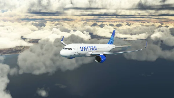 Airbus A320 United Volando Sobre Las Nubes Ilustración Jul 2022 — Foto de Stock