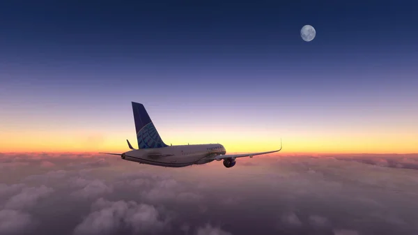 Airbus A320 United Flying Amazing Sunset Moon Illustration Jul 2022 — 스톡 사진