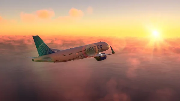 Airbus A320 United Flying Amazing Sunset Illustration Jul 2022 Sao — Stock Fotó