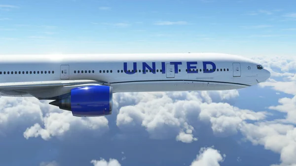 Boeing 777 United Airlines Flying Clouds Illustration Jul 2022 Sao — 图库照片