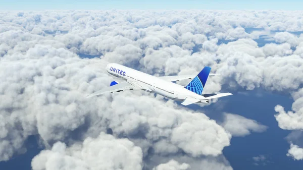 Boeing 777 United Airlines Repül Felhők Felett Illusztráció Július 2022 — Stock Fotó