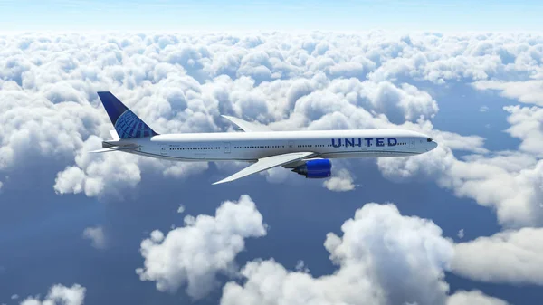 Boeing 777 United Airlines Repül Felhők Felett Illusztráció Július 2022 — Stock Fotó